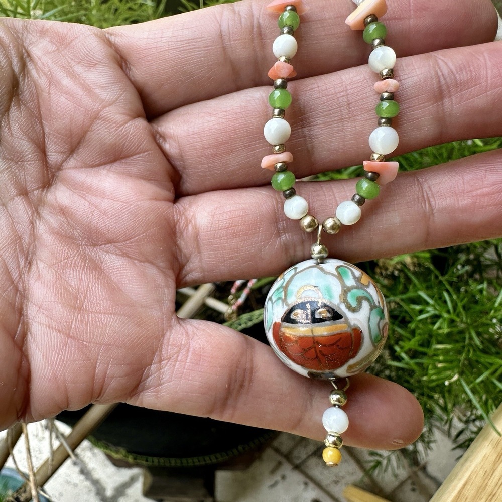 Vintage Pendant Necklace 16 Inch‎ Cloisonne Porcelain Glass Shell Beads Multi - Picture 5 of 8